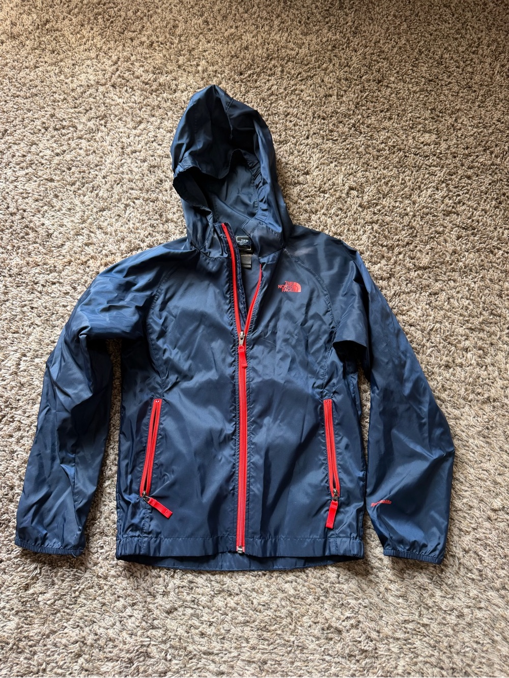 The North Face Youth Hydrenalite Rain Jacket Navy Orange Zip Size 10/12